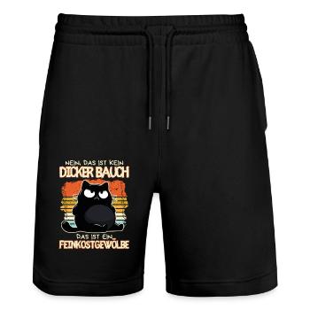 Feinkostgewölbe: Genervte schwarze Katze mit Bauch - Stanley/Stella Unisex Bio Joggingshorts Trainer  - Schwarz - Vorne - Nik (191cm) & Marisol (170cm)