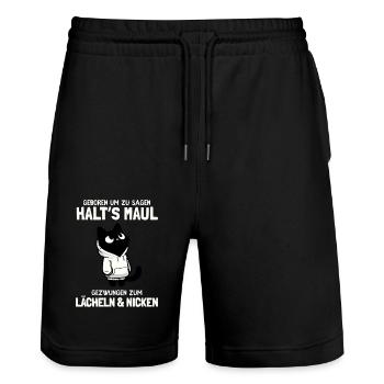 Geboren zu sagen Halt's Maul - Katze mit Hoodie - Stanley/Stella Unisex Bio Joggingshorts Trainer  - Schwarz - Vorne - Nik (191cm) & Marisol (170cm)