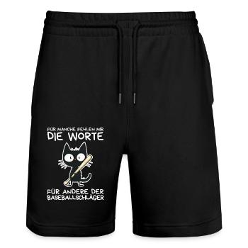 Schwarze Katze mit frechem Spruch & Schläger - Stanley/Stella Unisex Bio Joggingshorts Trainer  - Schwarz - Vorne - Nik (191cm) & Marisol (170cm)