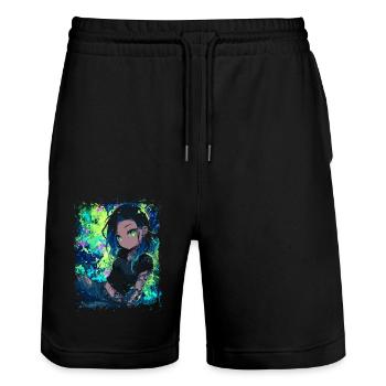 Tattoo Anime Girl – Neon Streetstyle Manga Woman - Stanley/Stella Unisex Bio Joggingshorts Trainer  - Schwarz - Vorne - Nik (191cm) & Marisol (170cm)