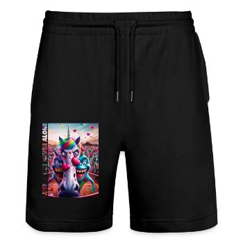 SOKO Glitzer 2025 cute / but never alone #3 - Stanley/Stella Unisex Bio Joggingshorts Trainer  - Schwarz - Vorne - Nik (191cm) & Marisol (170cm)