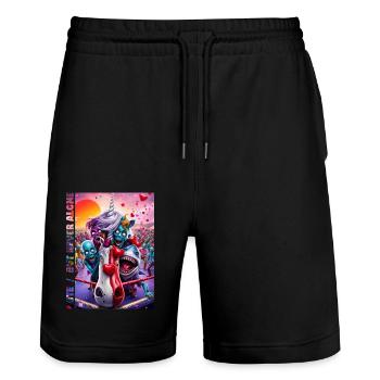 SOKO Glitzer 2025 cute / but never alone #4 - Stanley/Stella Unisex Bio Joggingshorts Trainer  - Schwarz - Vorne - Nik (191cm) & Marisol (170cm)