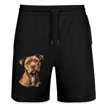 Lustiger American Staffordshire Terrier Welpe - Stanley/Stella Unisex Bio Joggingshorts Trainer  - Schwarz - Vorne - Nik (191cm) & Marisol (170cm)