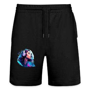 Femme avec des écouteurs appréciant la musique - Short de jogging bio TRAINER Stanley/Stella unisexe - noir - Devant - Nik (191cm) & Marisol (170cm)
