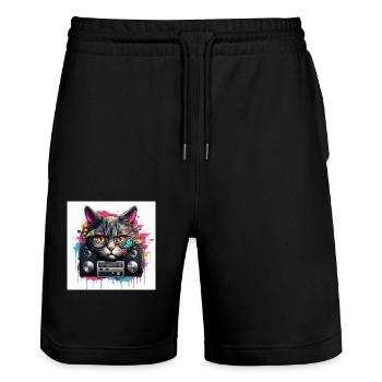Music Cat - Stanley/Stella Unisex Bio Joggingshorts Trainer  - Schwarz - Vorne - Nik (191cm) & Marisol (170cm)