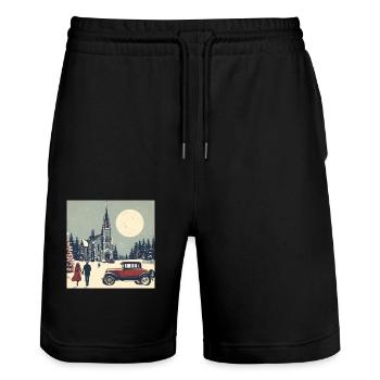 Church in the forest in winter - Stanley/Stella Trainer Unisex Organic Jogging Shorts - black - Front - Nik (191cm) & Marisol (170cm)