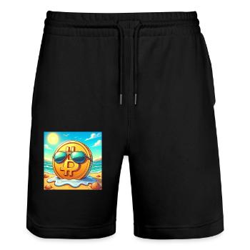 Ein cooler Bitcoin chillt am Strand. - Stanley/Stella Unisex Bio Joggingshorts Trainer  - Schwarz - Vorne - Nik (191cm) & Marisol (170cm)