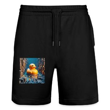 Yellow Bath Duck in Risograph Hyperrealism City - Stanley/Stella Trainer Unisex Organic Jogging Shorts - black - Front - Nik (191cm) & Marisol (170cm)