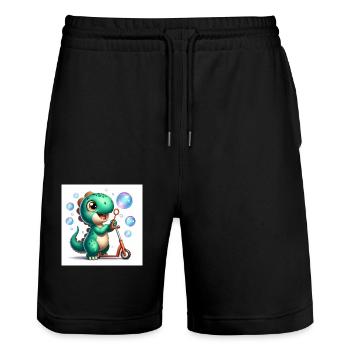 Dino in turquoise with soap bubbles and roller - Stanley/Stella Trainer Unisex Organic Jogging Shorts - black - Front - Nik (191cm) & Marisol (170cm)