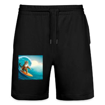 Surfing in Style: Cat on a Surfboard - Stanley/Stella Trainer Unisex Organic Jogging Shorts - black - Front - Nik (191cm) & Marisol (170cm)