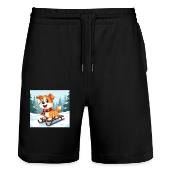 Happy cartoon dog on sled - Stanley/Stella Trainer Unisex Organic Jogging Shorts - black - Front - Nik (191cm) & Marisol (170cm)