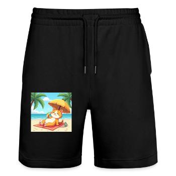 Chat sur la plage au soleil avec boisson - dessin animé - Short de jogging bio TRAINER Stanley/Stella unisexe - noir - Devant - Nik (191cm) & Marisol (170cm)
