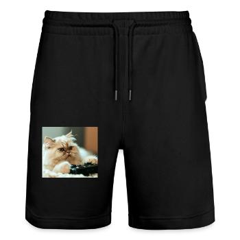 Persian cat Negan playing video games - Stanley/Stella Trainer Unisex Organic Jogging Shorts - black - Front - Nik (191cm) & Marisol (170cm)