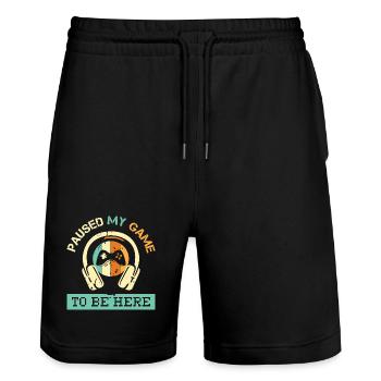 paused my game retro vintage gaming logo gamer - Stanley/Stella Trainer Unisex Organic Jogging Shorts - black - Front - Nik (191cm) & Marisol (170cm)