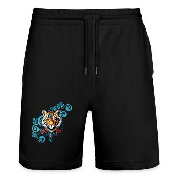 Tiger with floral decorations. - Stanley/Stella Trainer Unisex Organic Jogging Shorts - black - Front - Nik (191cm) & Marisol (170cm)