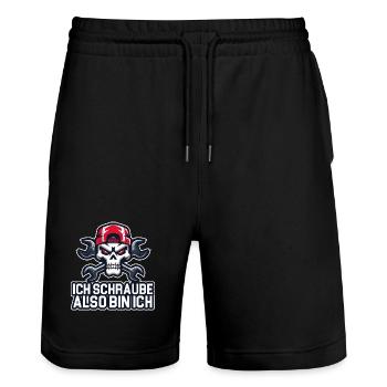 Ich schraube, also bin ich – Werkstattphilosophie  - Stanley/Stella Unisex Bio Joggingshorts Trainer  - Schwarz - Vorne - Nik (191cm) & Marisol (170cm)
