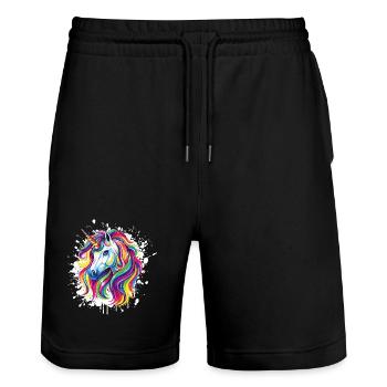  Einhorn Portrait Unicorn - Stanley/Stella Unisex Bio Joggingshorts Trainer  - Schwarz - Vorne - Nik (191cm) & Marisol (170cm)