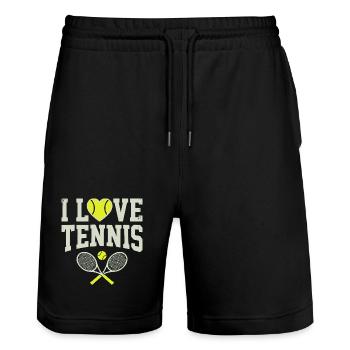 Tennis T-shirt, I Love Tennis Shirt, Hoodie, Mütze - Stanley/Stella Unisex Bio Joggingshorts Trainer  - Schwarz - Vorne - Nik (191cm) & Marisol (170cm)
