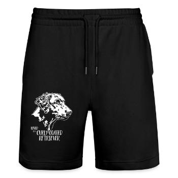 Loved by a Curly Coated Retriever Hunde Wilsigns - Stanley/Stella Unisex Bio Joggingshorts Trainer  - Schwarz - Vorne - Nik (191cm) & Marisol (170cm)