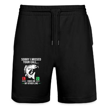Truite, pêche, hameçon, canne à pêche, pêcheur, poisson-grenouille - Short de jogging bio TRAINER Stanley/Stella unisexe - noir - Devant - Nik (191cm) & Marisol (170cm)