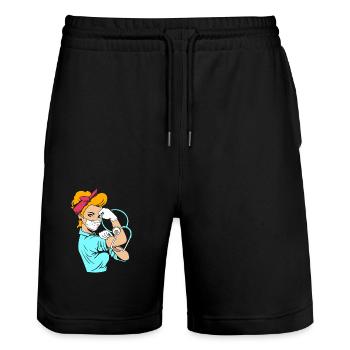 Maison de retraite Infirmière gériatrique Infirmière - Short de jogging bio TRAINER Stanley/Stella unisexe - noir - Devant - Nik (191cm) & Marisol (170cm)