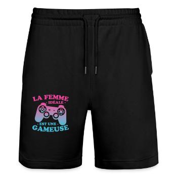 La femme idéale est une gameuse cadeau geek humour - Short de jogging bio TRAINER Stanley/Stella unisexe - noir - Devant - Nik (191cm) & Marisol (170cm)