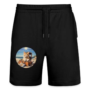 Cute cat goes on a summer beach holiday by the sea - Stanley/Stella Trainer Unisex Organic Jogging Shorts - black - Front - Nik (191cm) & Marisol (170cm)