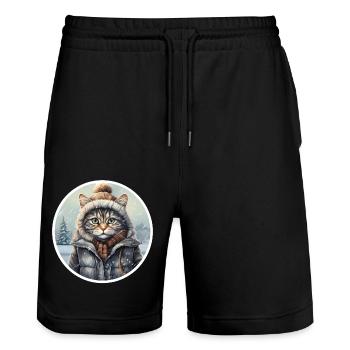 Katze mit Mütze, Schal und Jacke im Schnee - Stanley/Stella Unisex Bio Joggingshorts Trainer  - Schwarz - Vorne - Nik (191cm) & Marisol (170cm)