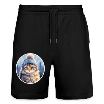 Katze im Winter - Stanley/Stella Unisex Bio Joggingshorts Trainer  - Schwarz - Vorne - Nik (191cm) & Marisol (170cm)