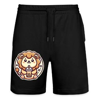 Cute Lion Bubble Tea Lover Badge - Stanley/Stella Trainer Unisex Organic Jogging Shorts - black - Front - Nik (191cm) & Marisol (170cm)