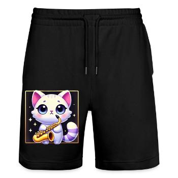 Conception de dessin animé de chat de saxophone mignon - Short de jogging bio TRAINER Stanley/Stella unisexe - noir - Devant - Nik (191cm) & Marisol (170cm)