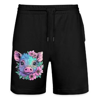 Niedliches Pastell Schwein mit Blumen - Stanley/Stella Unisex Bio Joggingshorts Trainer  - Schwarz - Vorne - Nik (191cm) & Marisol (170cm)