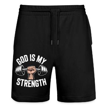 God is my strength! Believing Christian Jesus - Stanley/Stella Trainer Unisex Organic Jogging Shorts - black - Front - Nik (191cm) & Marisol (170cm)
