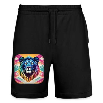 Lion in retro style - Stanley/Stella Trainer Unisex Organic Jogging Shorts - black - Front - Nik (191cm) & Marisol (170cm)
