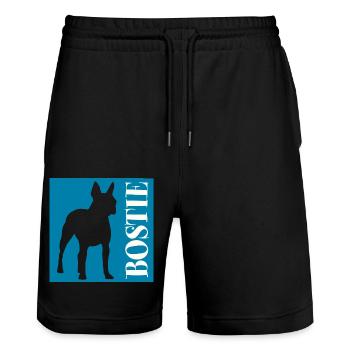 Boston Terrier Bostie Grafik mit Schriftzug - Stanley/Stella Unisex Bio Joggingshorts Trainer  - Schwarz - Vorne - Nik (191cm) & Marisol (170cm)