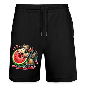 Horse with watermelon fruity summer look - Stanley/Stella Trainer Unisex Organic Jogging Shorts - black - Front - Nik (191cm) & Marisol (170cm)