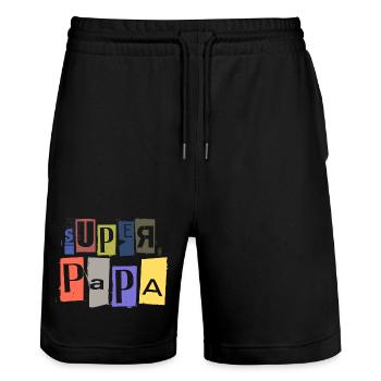 SUPER PAPA lettrage anonyme espion corbeau - Short de jogging bio TRAINER Stanley/Stella unisexe - noir - Devant - Nik (191cm) & Marisol (170cm)