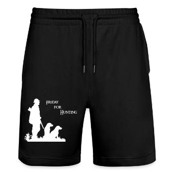 Friday for Hunting - Jagt Motiv mit Jäger & Hund - Stanley/Stella Unisex Bio Joggingshorts Trainer  - Schwarz - Vorne - Nik (191cm) & Marisol (170cm)