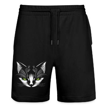 white cat head with green cat eyes - Stanley/Stella Trainer Unisex Organic Jogging Shorts - black - Front - Nik (191cm) & Marisol (170cm)