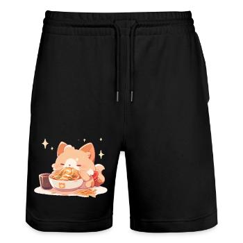 Cat kitten Funny spaghetti eating fat humor - Stanley/Stella Trainer Unisex Organic Jogging Shorts - black - Front - Nik (191cm) & Marisol (170cm)