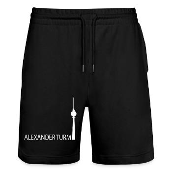 Witziger Berliner Fernsehturm Silhouette Parodie - Stanley/Stella Unisex Bio Joggingshorts Trainer  - Schwarz - Vorne - Nik (191cm) & Marisol (170cm)