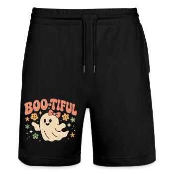Motif d'Halloween avec un dicton drôle et mignon « Boo-tiful Ghost » - Short de jogging bio TRAINER Stanley/Stella unisexe - noir - Devant - Nik (191cm) & Marisol (170cm)