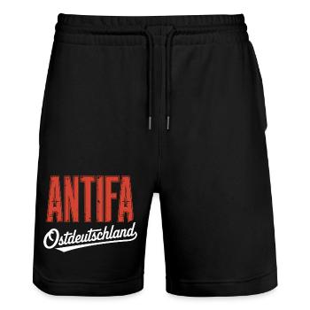 Antifa East Germany - Antifascist Merch - Stanley/Stella Trainer Unisex Organic Jogging Shorts - black - Front - Nik (191cm) & Marisol (170cm)