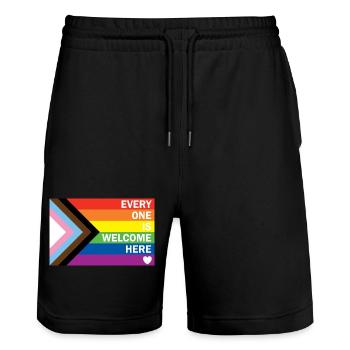 Progress Pride Flag – Everyone Is Welcome Here  - Stanley/Stella Unisex Bio Joggingshorts Trainer  - Schwarz - Vorne - Nik (191cm) & Marisol (170cm)