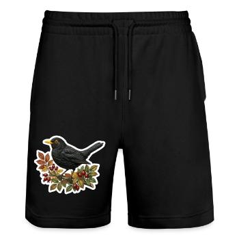 Merle noir indigène sur branche de cynorhorondard - Short de jogging bio TRAINER Stanley/Stella unisexe - noir - Devant - Nik (191cm) & Marisol (170cm)