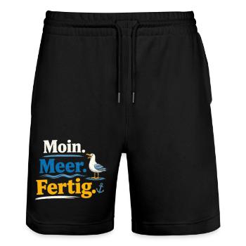 Moin Meer Fertig Möwe lustig Spruch  - Stanley/Stella Unisex Bio Joggingshorts Trainer  - Schwarz - Vorne - Nik (191cm) & Marisol (170cm)