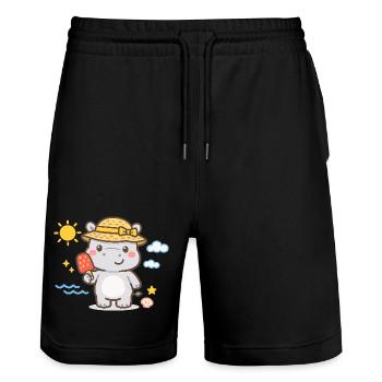 Nilpferd am Strand mit Sorbet - Stanley/Stella Unisex Bio Joggingshorts Trainer  - Schwarz - Vorne - Nik (191cm) & Marisol (170cm)
