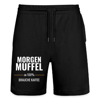 Morgenmuffel zu 100% – Brauche Kaffee - Stanley/Stella Unisex Bio Joggingshorts Trainer  - Schwarz - Vorne - Nik (191cm) & Marisol (170cm)