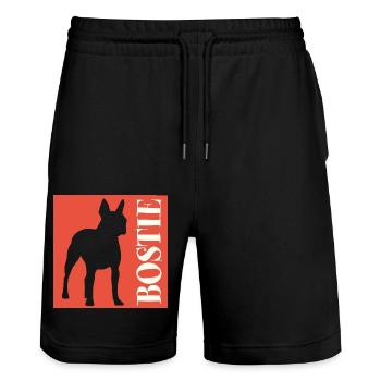 Boston Terrier Bostie Grafik mit Schriftzug - Stanley/Stella Unisex Bio Joggingshorts Trainer  - Schwarz - Vorne - Nik (191cm) & Marisol (170cm)