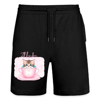 katze in tasse,katze, tasse,alpha, rosa, rosen - Stanley/Stella Unisex Bio Joggingshorts Trainer  - Schwarz - Vorne - Nik (191cm) & Marisol (170cm)
